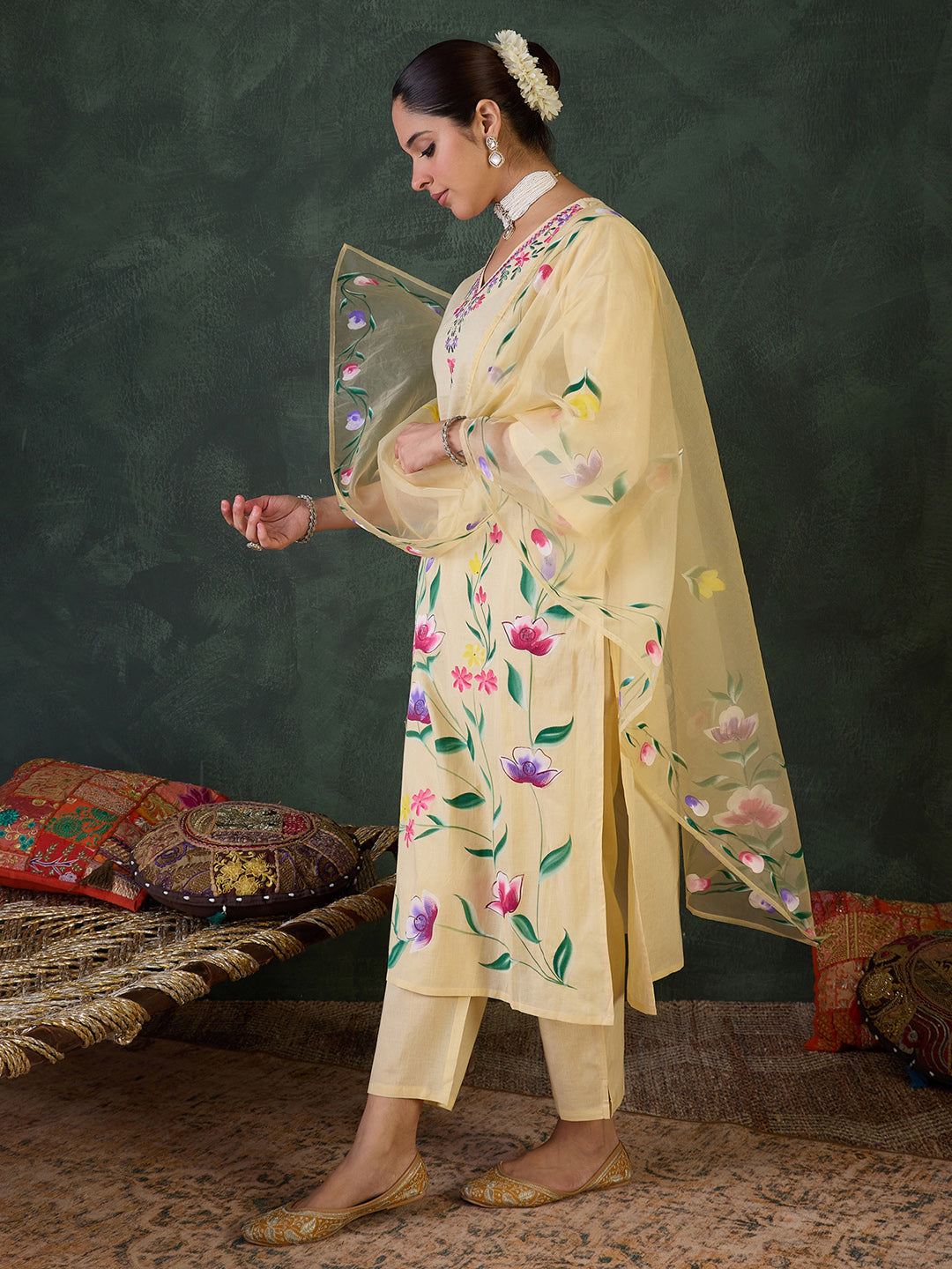 Yellow Embroidered Straight Suit Set With Dupatta