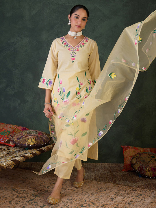 Yellow Embroidered Straight Suit Set With Dupatta