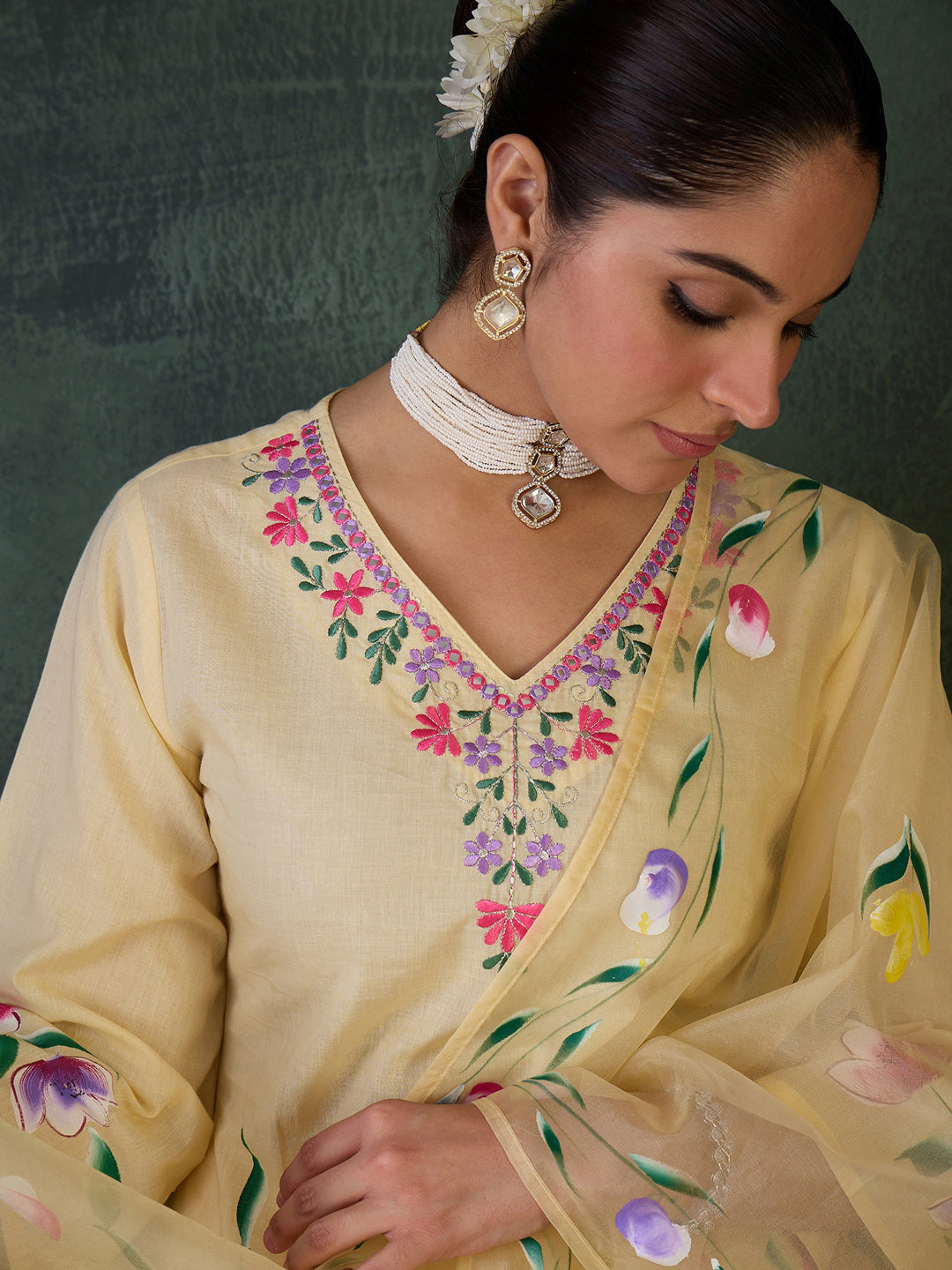 Yellow Embroidered Straight Suit Set With Dupatta