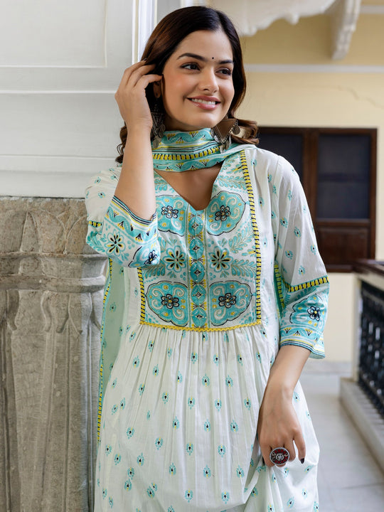 Indo Era White Printed A-Line Kurta Trousers With Dupatta Set