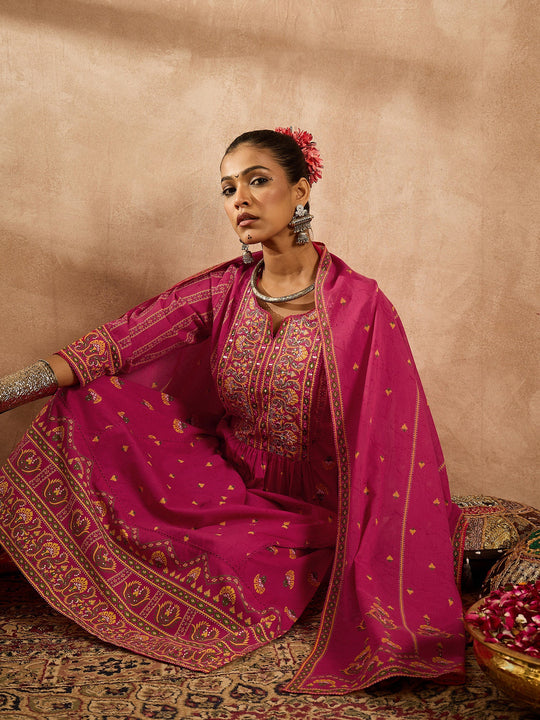 Indo Era Pink Printed A-Line Kurta Trousers With Dupatta Set