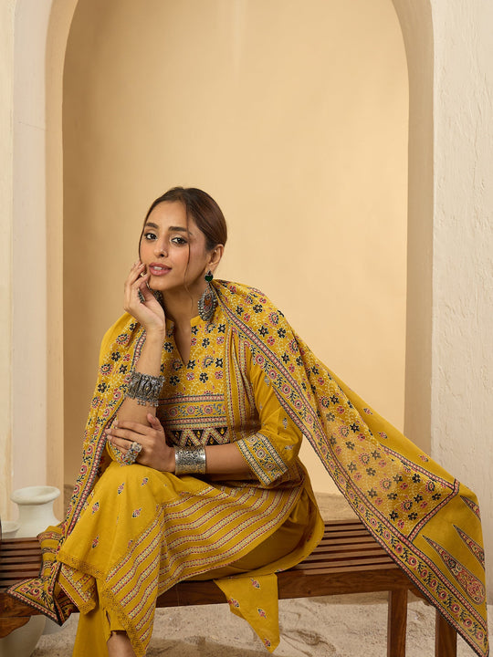 Yellow Printed Pure Cotton A-Line Kurta Set With Dupatta