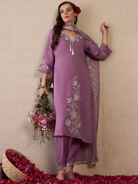 Indo Era Lavender Embroidered Straight Kurta Trousers With Dupatta Set