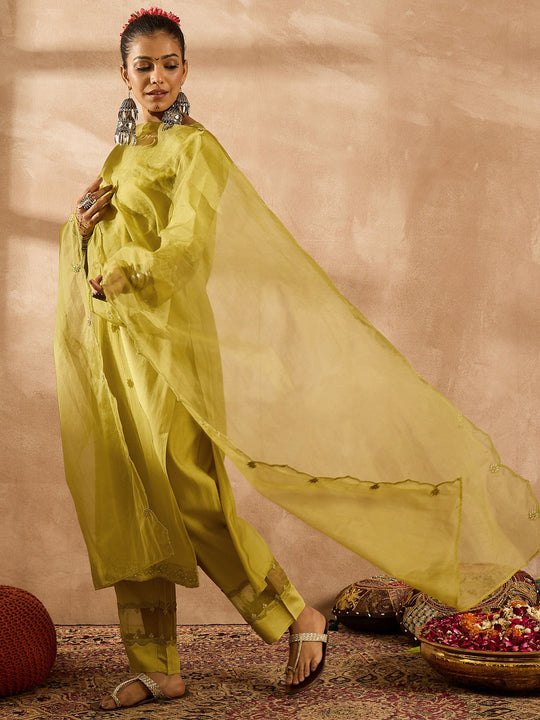 Indo Era Green Embroidered Straight Kurta Trousers With Dupatta Set