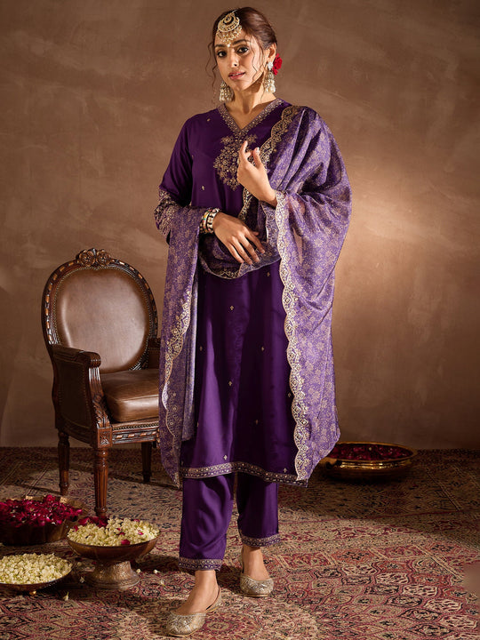 Indo era Purple Embroidered Straight Kurta Trousers With Dupatta Set