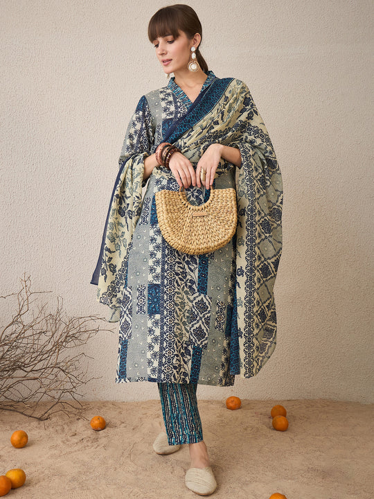 Indo Era Blue Printed Straight Kurta Trousers With Dupatta Set