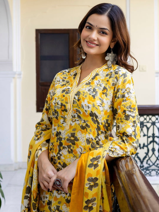Indo Era Yellow Printed Straight Kurta Trousers With Dupatta Set