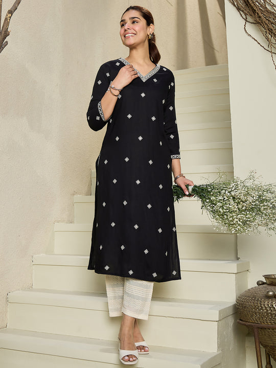Indo Era Black Embroidered Straight Kurtas