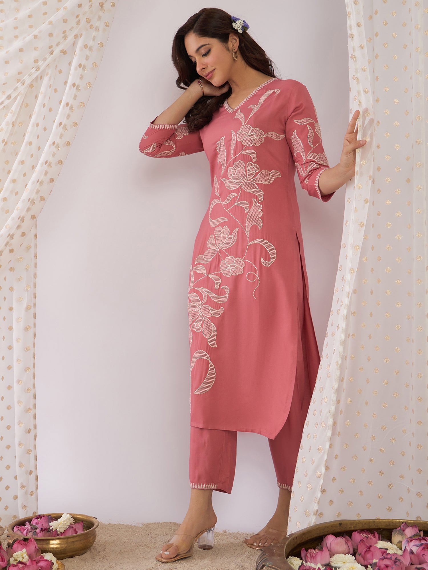 indo era, suit, kurta set for women, indo era kurta, kurta sets for ladies, summer dresses for women, 3 piece suit, cotton kurta set for women, new arrivals, women kurti plazo set, women in suit, kurta suit, floral kurta, short suit, spring summer, Mauve suit