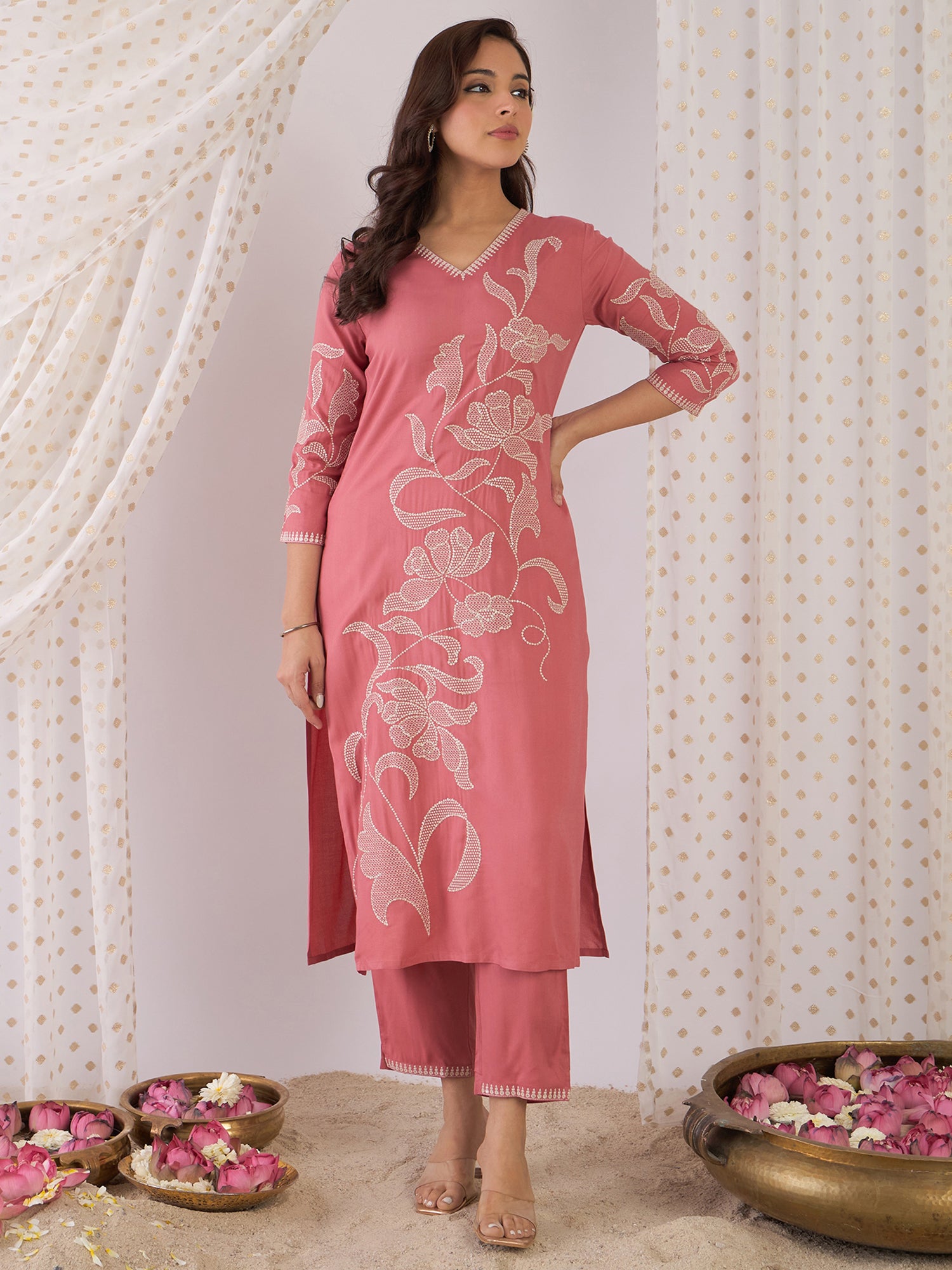 indo era, suit, kurta set for women, indo era kurta, kurta sets for ladies, summer dresses for women, 3 piece suit, cotton kurta set for women, new arrivals, women kurti plazo set, women in suit, kurta suit, floral kurta, short suit, spring summer, Mauve suit