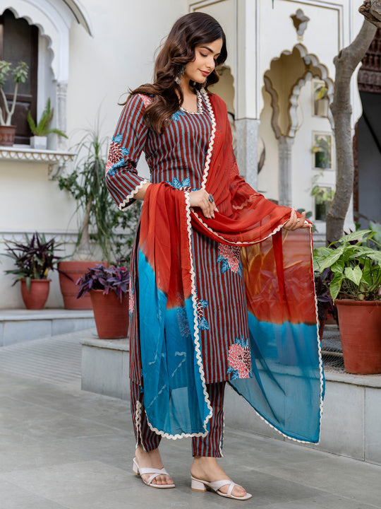 Indo Era Multi Printed Straight Kurta Trousers With Dupatta Set