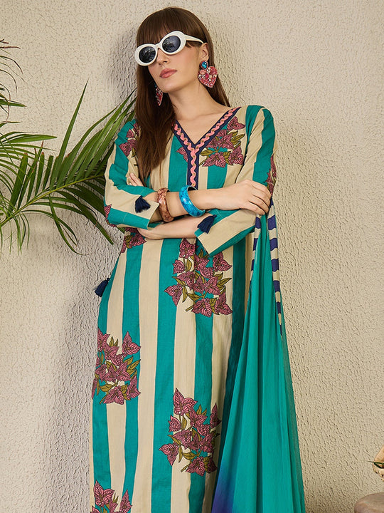 Multi Printed Pure Cotton Straight Kurta Sets With Dupatta