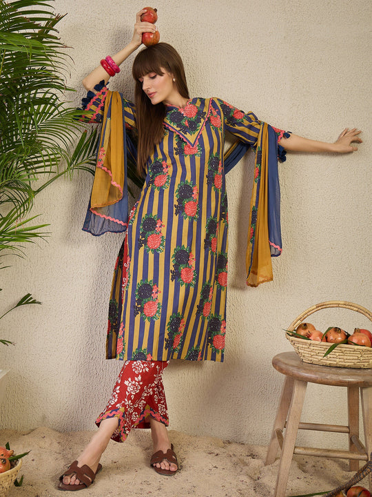 Multi Printed Pure Cotton A-Line Kurta Sets With Dupatta