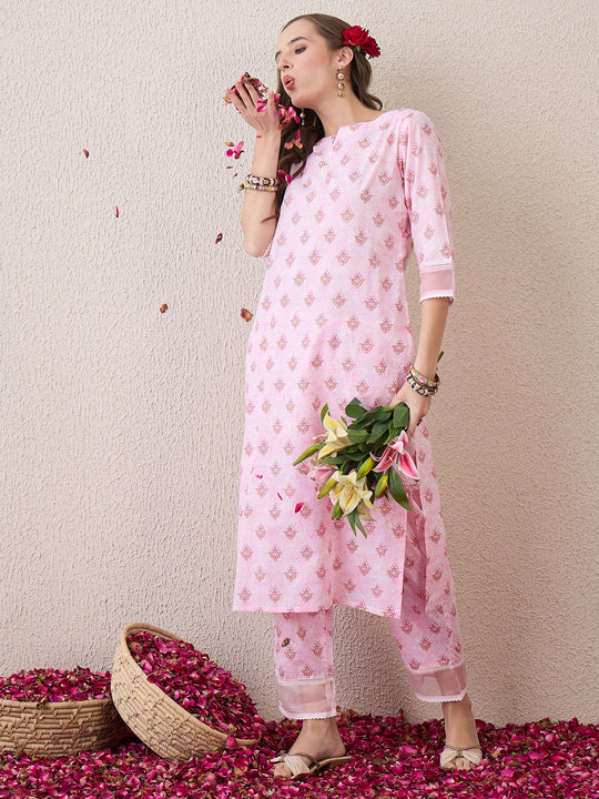 Indo Era Pink Printed Straight Kurta Trousers Set