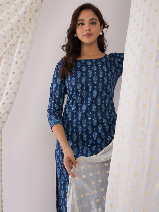 Indo Era Blue Printed Straight Kurta Trousers Set