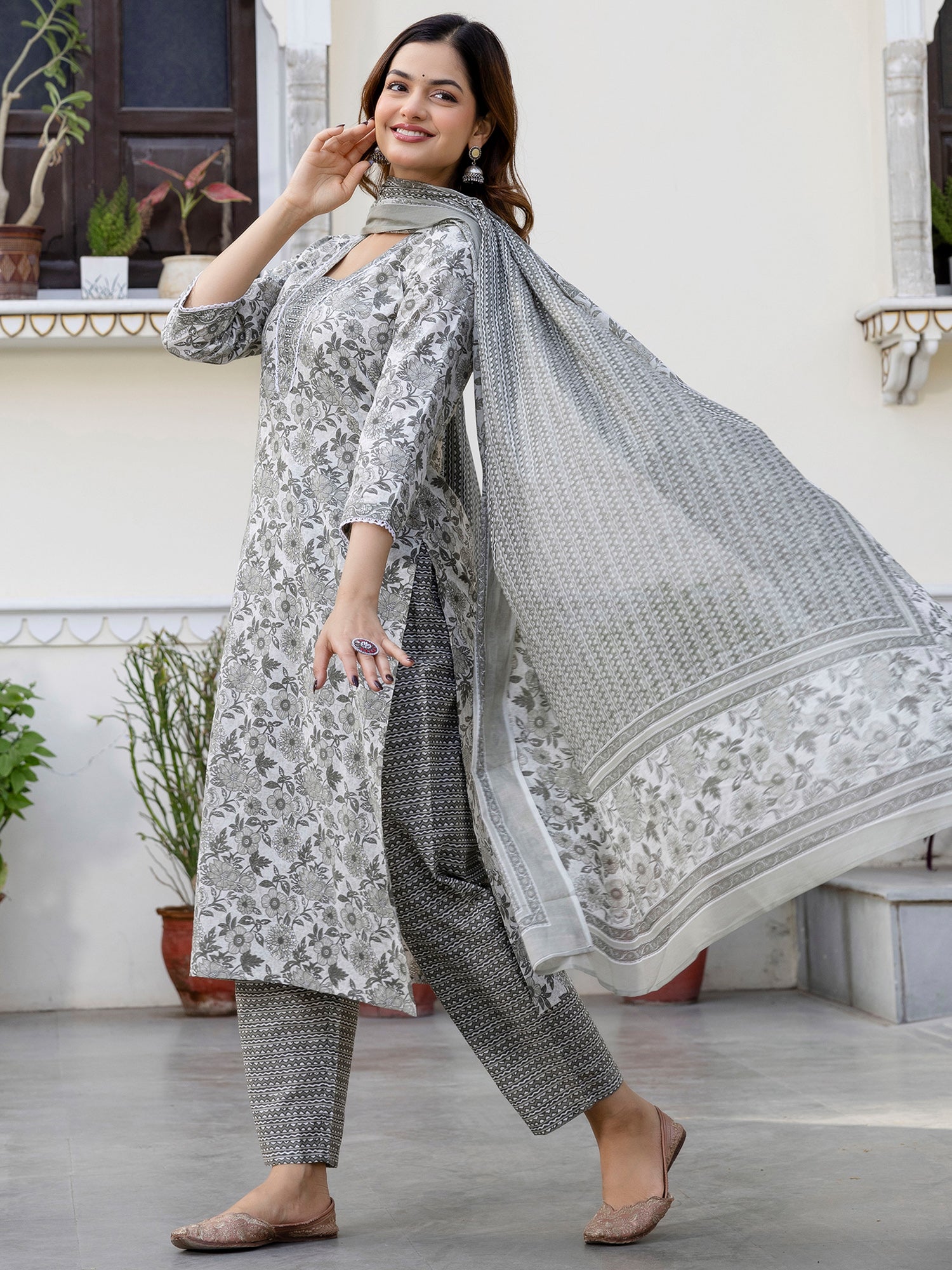 indo era, suit, kurta set for women, indo era kurta, kurta sets for ladies, summer dresses for women, 3 piece suit, cotton kurta set for women, new arrivals, women kurti plazo set, women in suit, kurta suit, floral kurta, short suit, spring summer, Grey suit