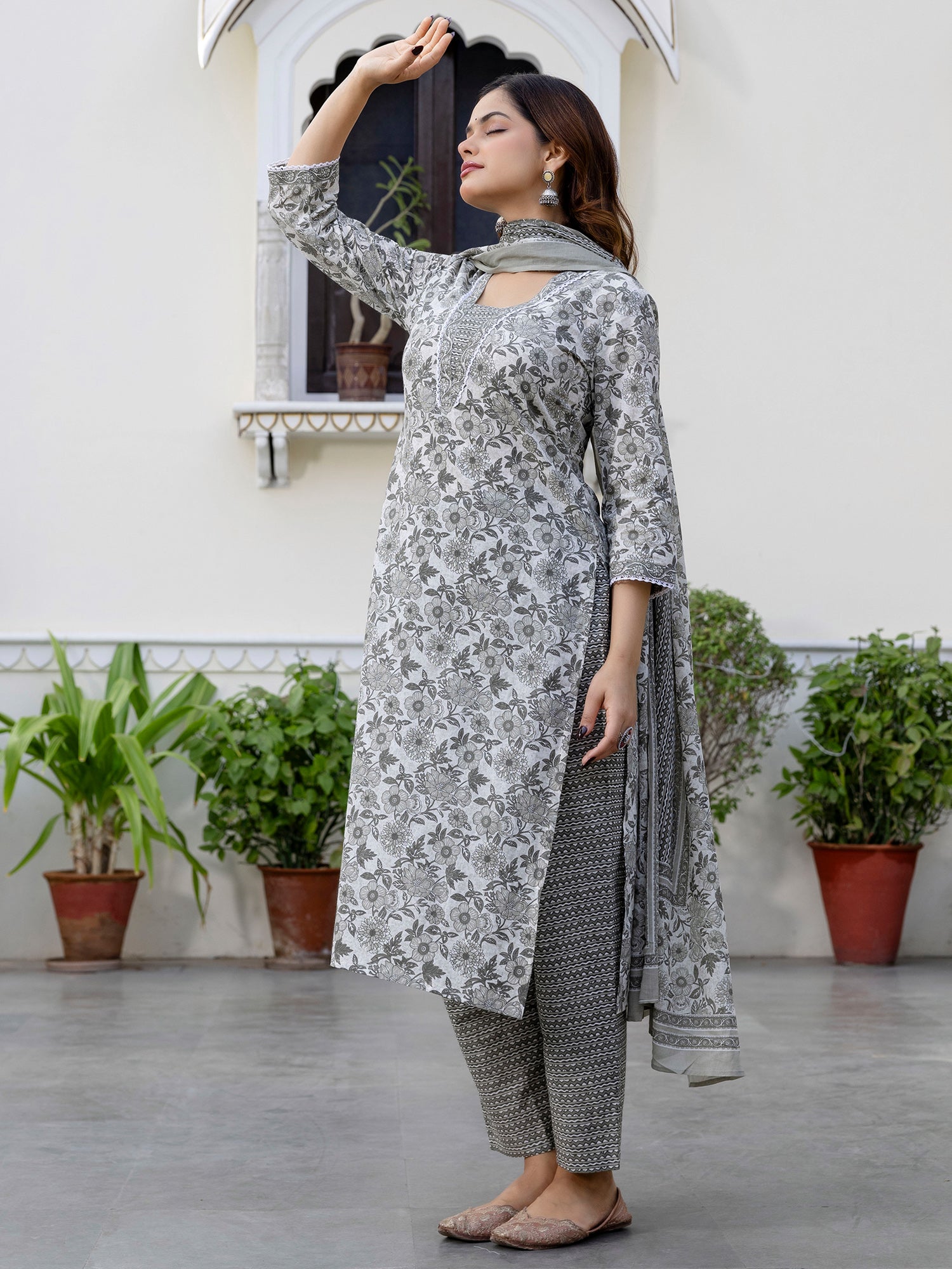 indo era, suit, kurta set for women, indo era kurta, kurta sets for ladies, summer dresses for women, 3 piece suit, cotton kurta set for women, new arrivals, women kurti plazo set, women in suit, kurta suit, floral kurta, short suit, spring summer, Grey suit