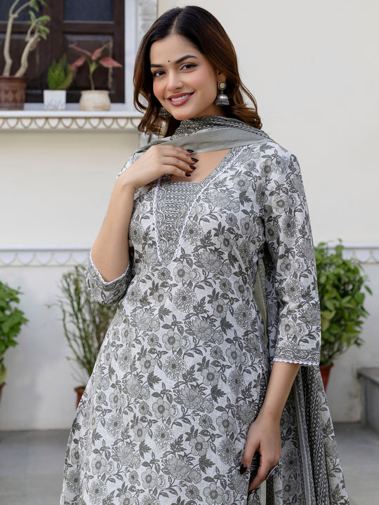 Indo Era Grey Printed Straight Kurta Trousers With Dupatta Set