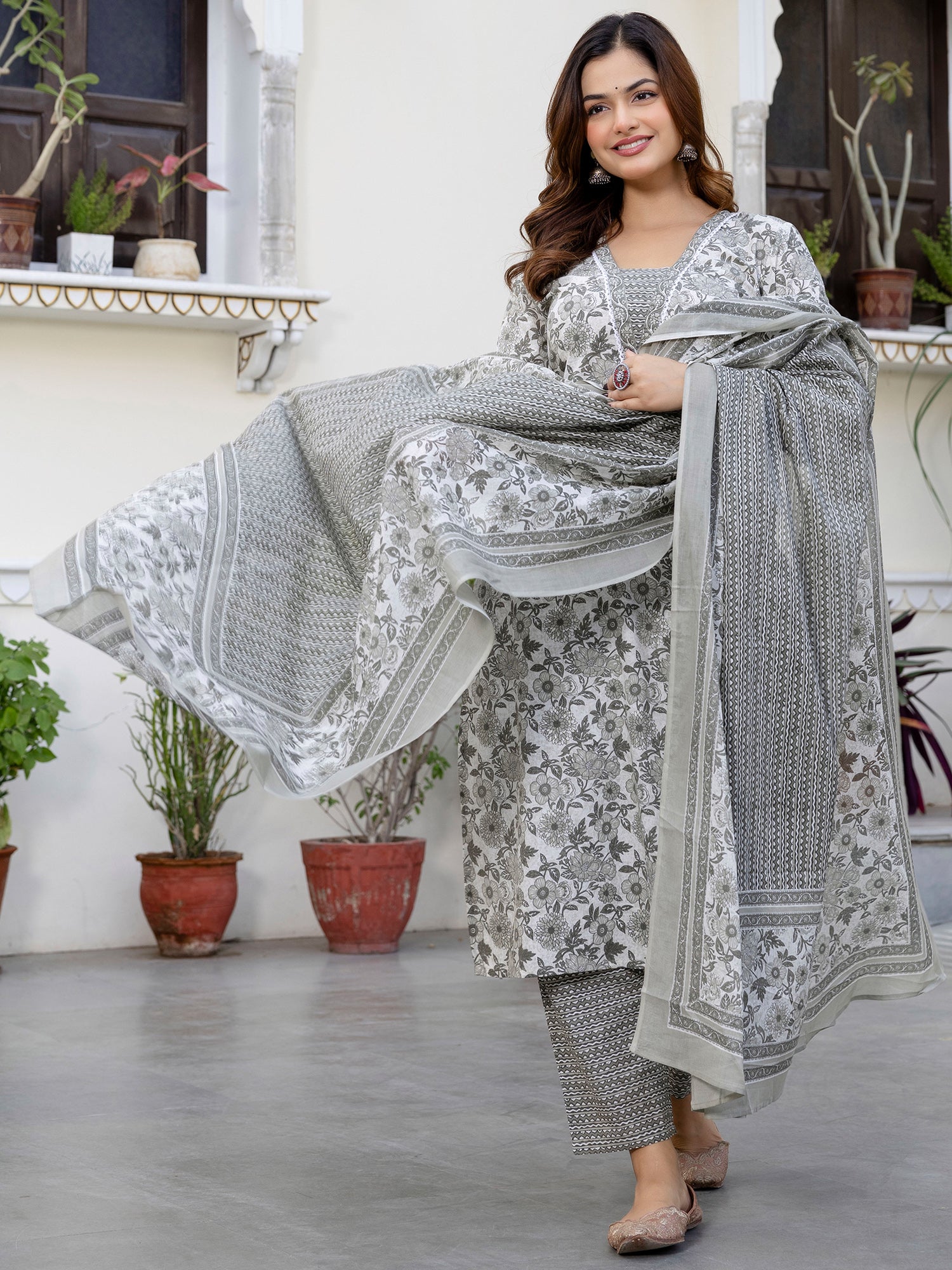 indo era, suit, kurta set for women, indo era kurta, kurta sets for ladies, summer dresses for women, 3 piece suit, cotton kurta set for women, new arrivals, women kurti plazo set, women in suit, kurta suit, floral kurta, short suit, spring summer, Grey suit