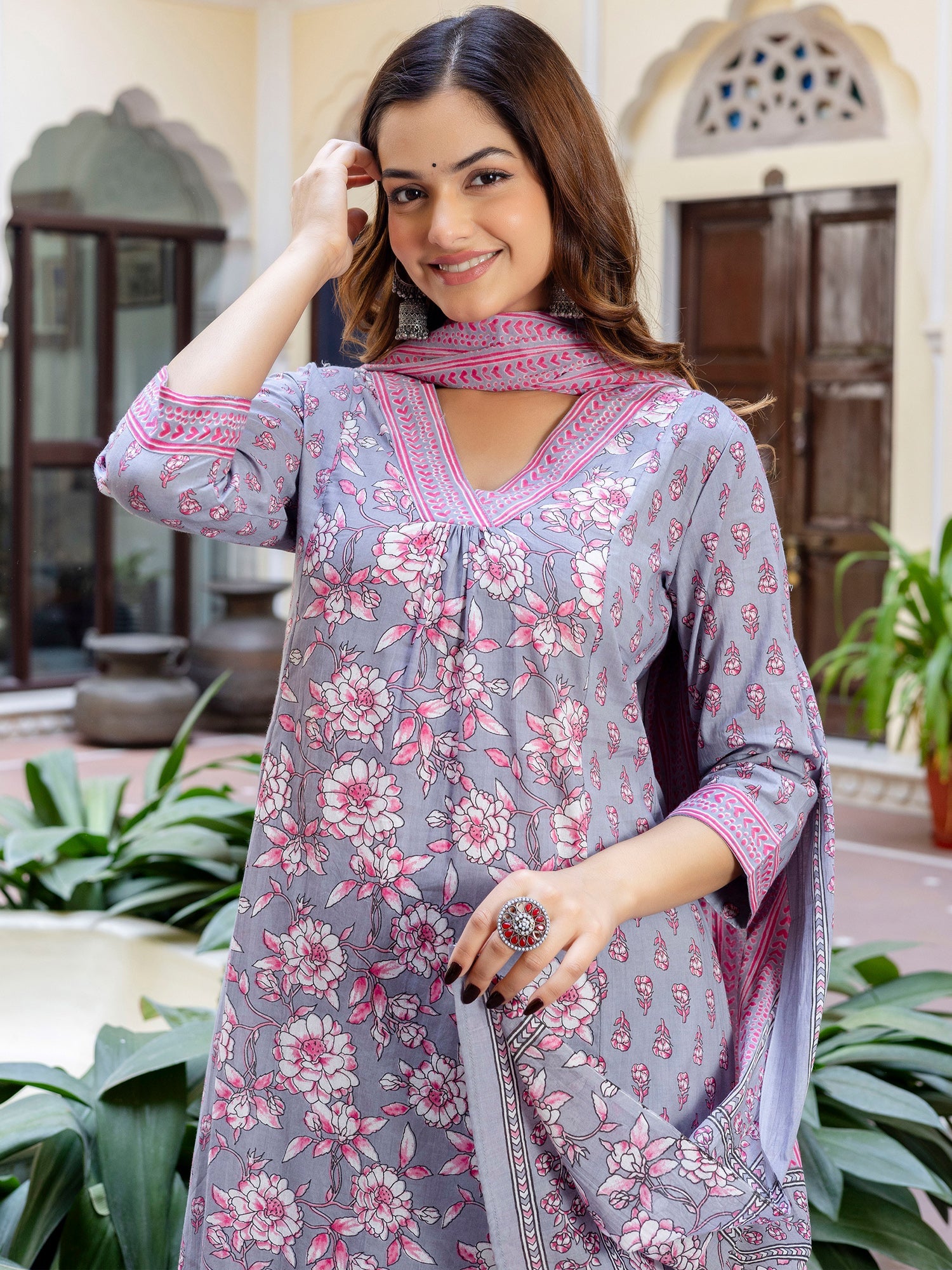 indo era, suit, kurta set for women, indo era kurta, kurta sets for ladies, summer dresses for women, 3 piece suit, cotton kurta set for women, new arrivals, women kurti plazo set, women in suit, kurta suit, floral kurta, short suit, spring summer, Grey suit