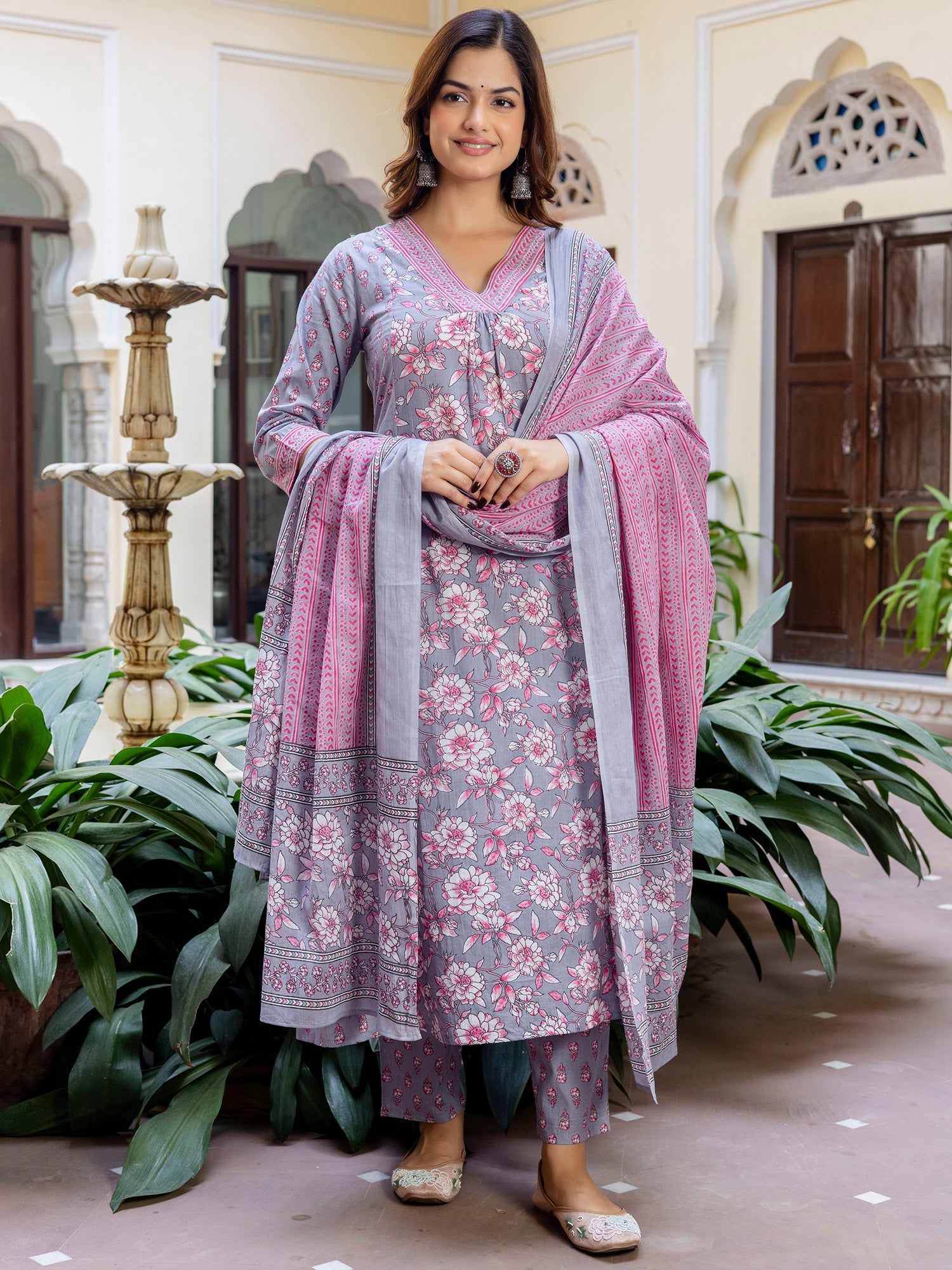 indo era, suit, kurta set for women, indo era kurta, kurta sets for ladies, summer dresses for women, 3 piece suit, cotton kurta set for women, new arrivals, women kurti plazo set, women in suit, kurta suit, floral kurta, short suit, spring summer, Grey suit