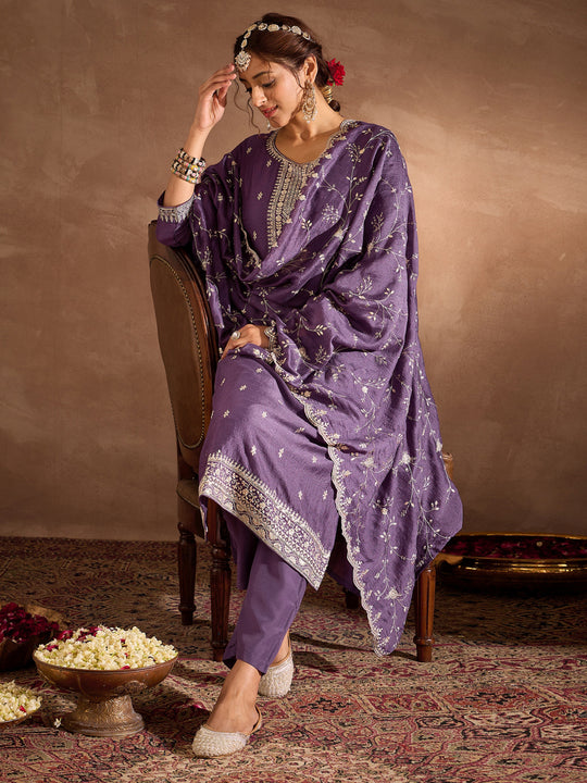 Indo Era Purple Embroidered Straight Kurta Trousers With Dupatta Set