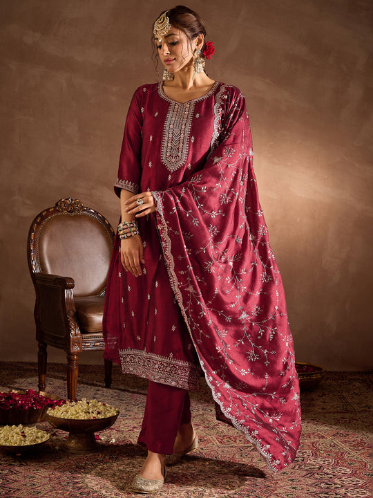 Indo Era Maroon Embroidered Straight Kurta Trousers With Dupatta Set