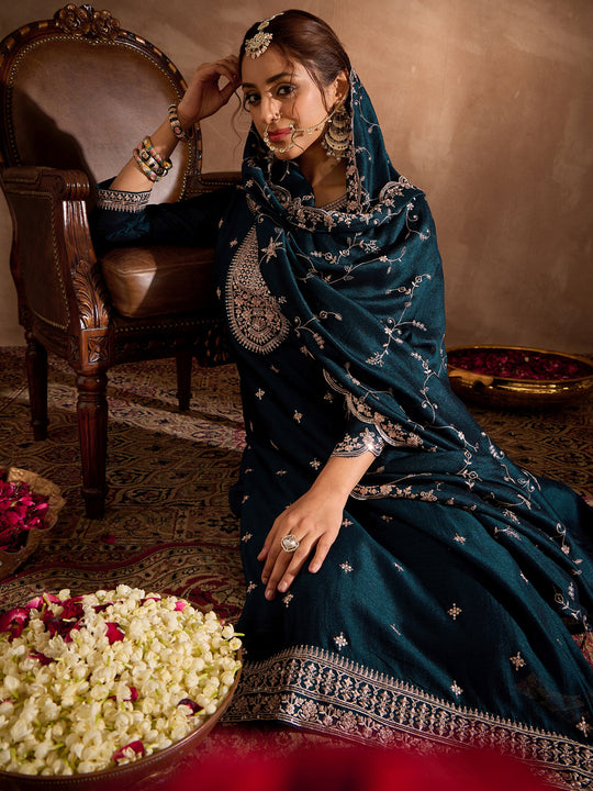 Indo Era Teal Embroidered Straight Kurta Trousers With Dupatta Set