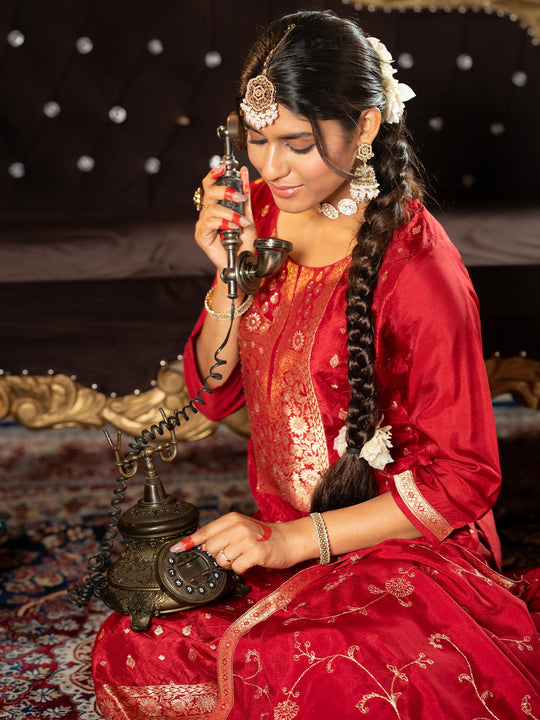 Maroon Woven Design Straight Silk Blend Suit With Dupatta