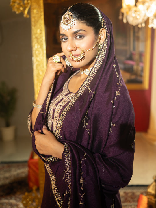 Purple Embroidered Straight Kurta Pant With Dupatta Set