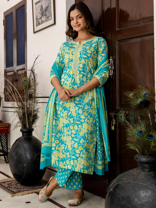 Indo Era Blue Printed Straight Kurta Trousers With Dupatta Set