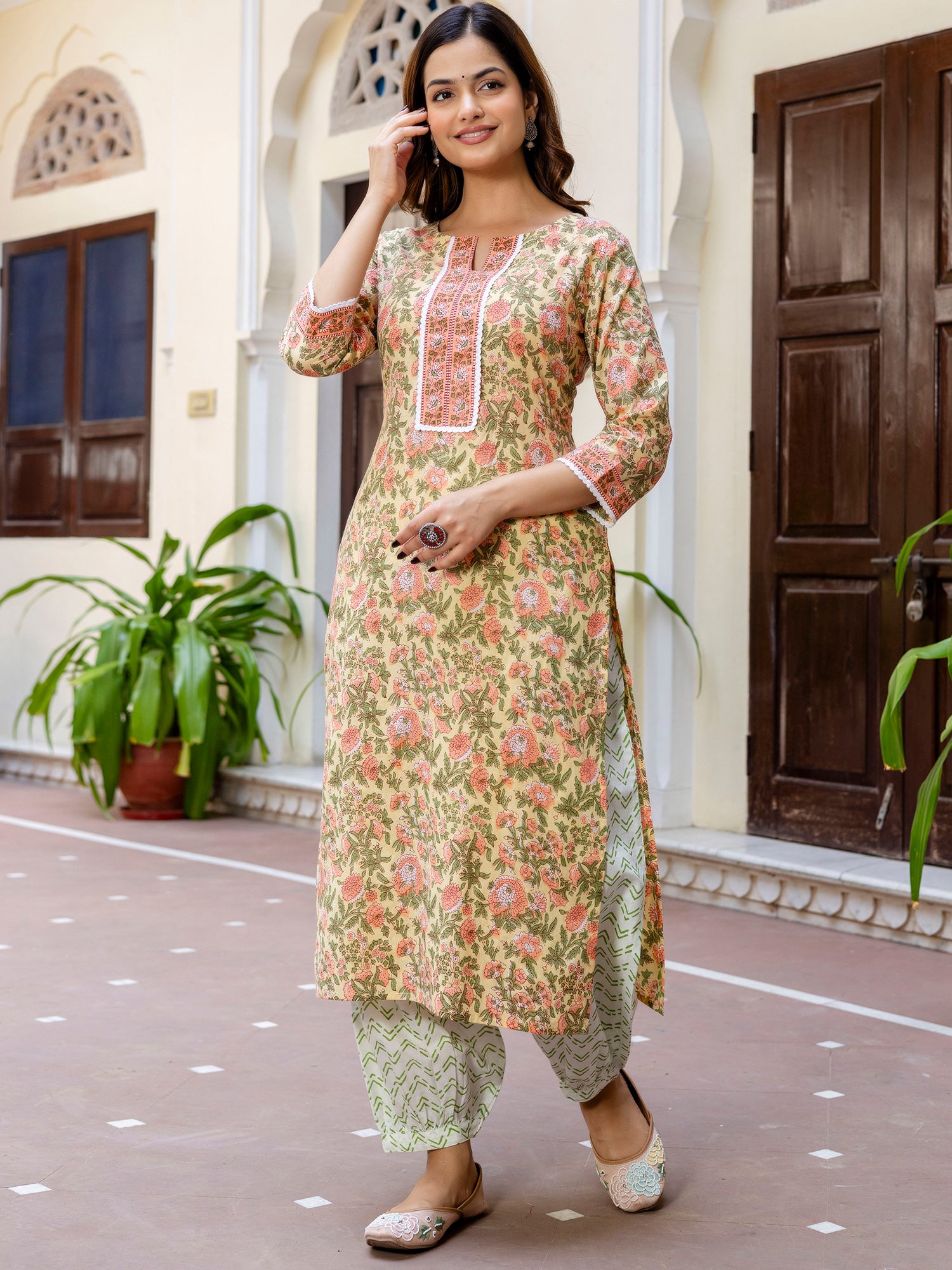 indo era, suit, kurta set for women, indo era kurta, kurta sets for ladies, summer dresses for women, 3 piece suit, cotton kurta set for women, new arrivals, women kurti plazo set, women in suit, kurta suit, floral kurta, short suit, spring summer, Yellow suit