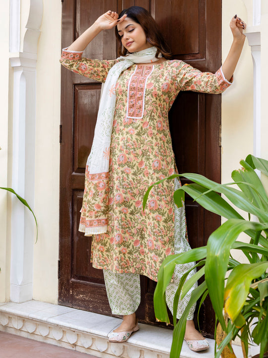 Indo Era Yellow Printed Straight Kurta Trousers With Dupatta Set