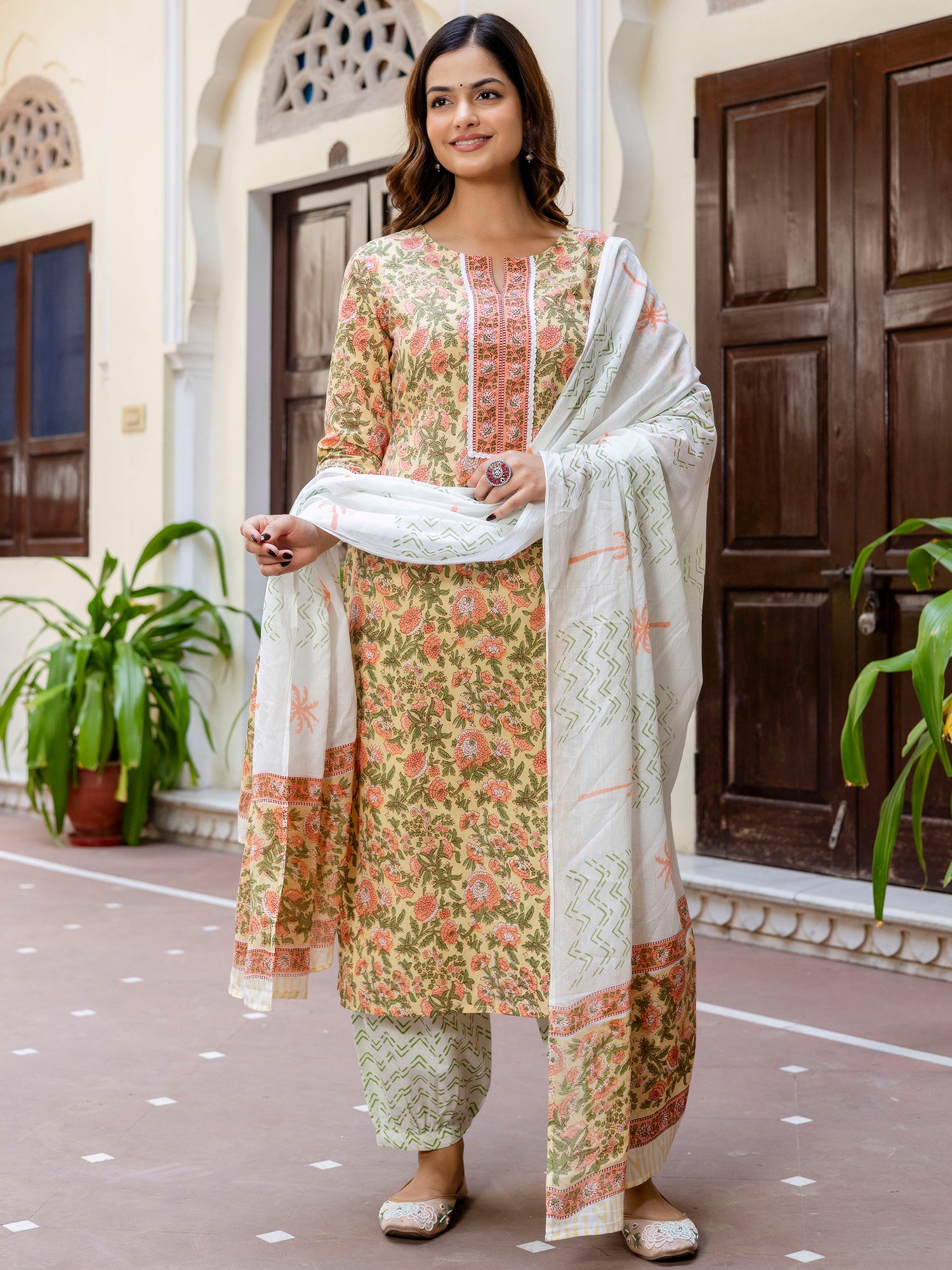 indo era, suit, kurta set for women, indo era kurta, kurta sets for ladies, summer dresses for women, 3 piece suit, cotton kurta set for women, new arrivals, women kurti plazo set, women in suit, kurta suit, floral kurta, short suit, spring summer, Yellow suit