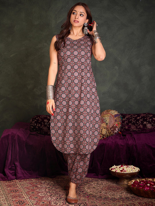 Indo Era Black Printed Straight Kurta Trousers Set