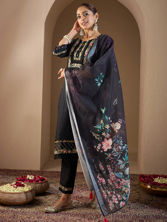 Indo Era Black Embroidered Straight Kurta Trousers With Dupatta