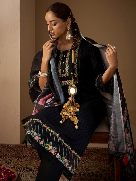 Indo Era Black Embroidered Straight Kurta Trousers With Dupatta