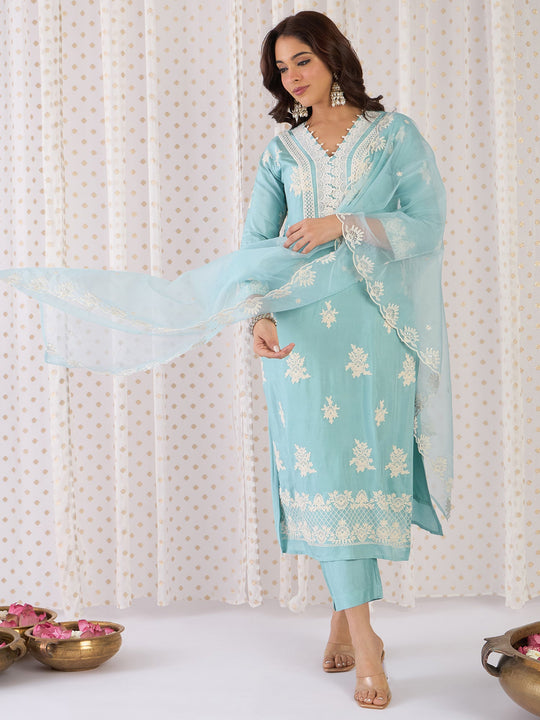 Indo era Blue Embroidered Straight Kurta Trousers With Dupatta Set