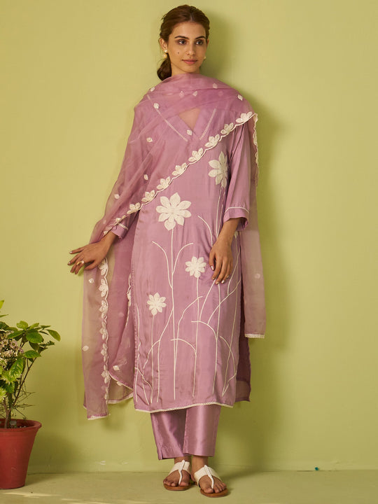 Purple Embroidered Silk Blend Straight Women Kurta Trouser With Dupatta