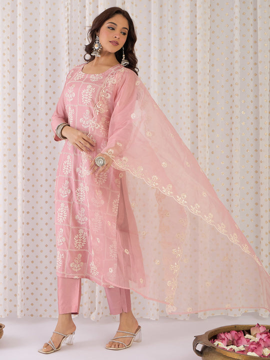 Indo Era Mauve Embroidered Straight Kurta Trousers With Dupatta Set