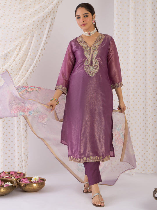 Indo era Purple Embroidered Straight Kurta Trousers With Dupatta Set