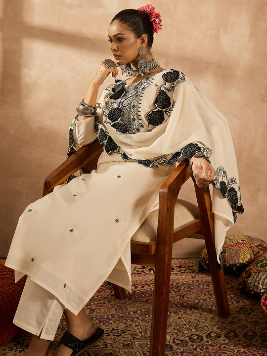 Indo Era Off White Embroidered Straight Kurta Trousers With Dupatta Set