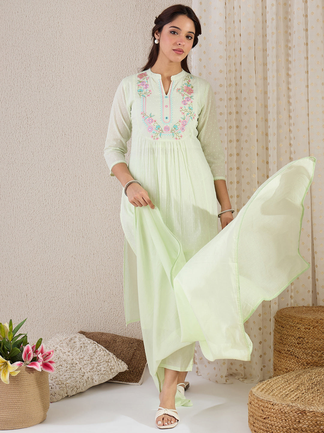 Green Embroidered A-Line Kurta Set With Dupatta