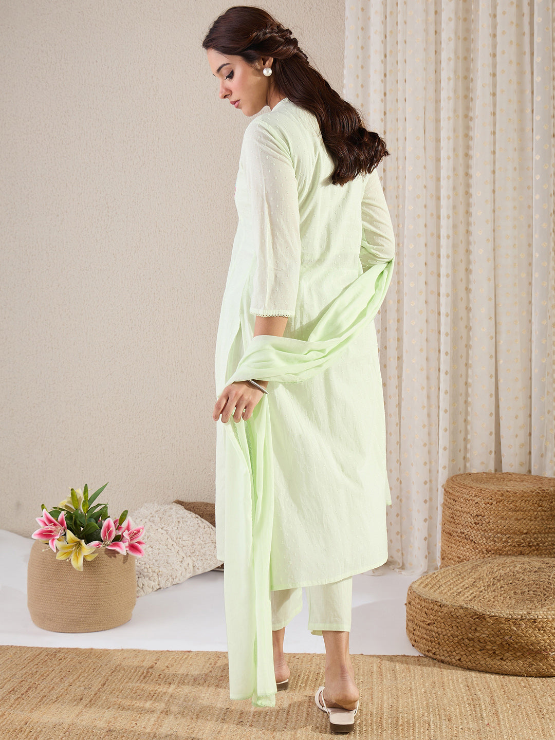 Green Embroidered A-Line Kurta Set With Dupatta
