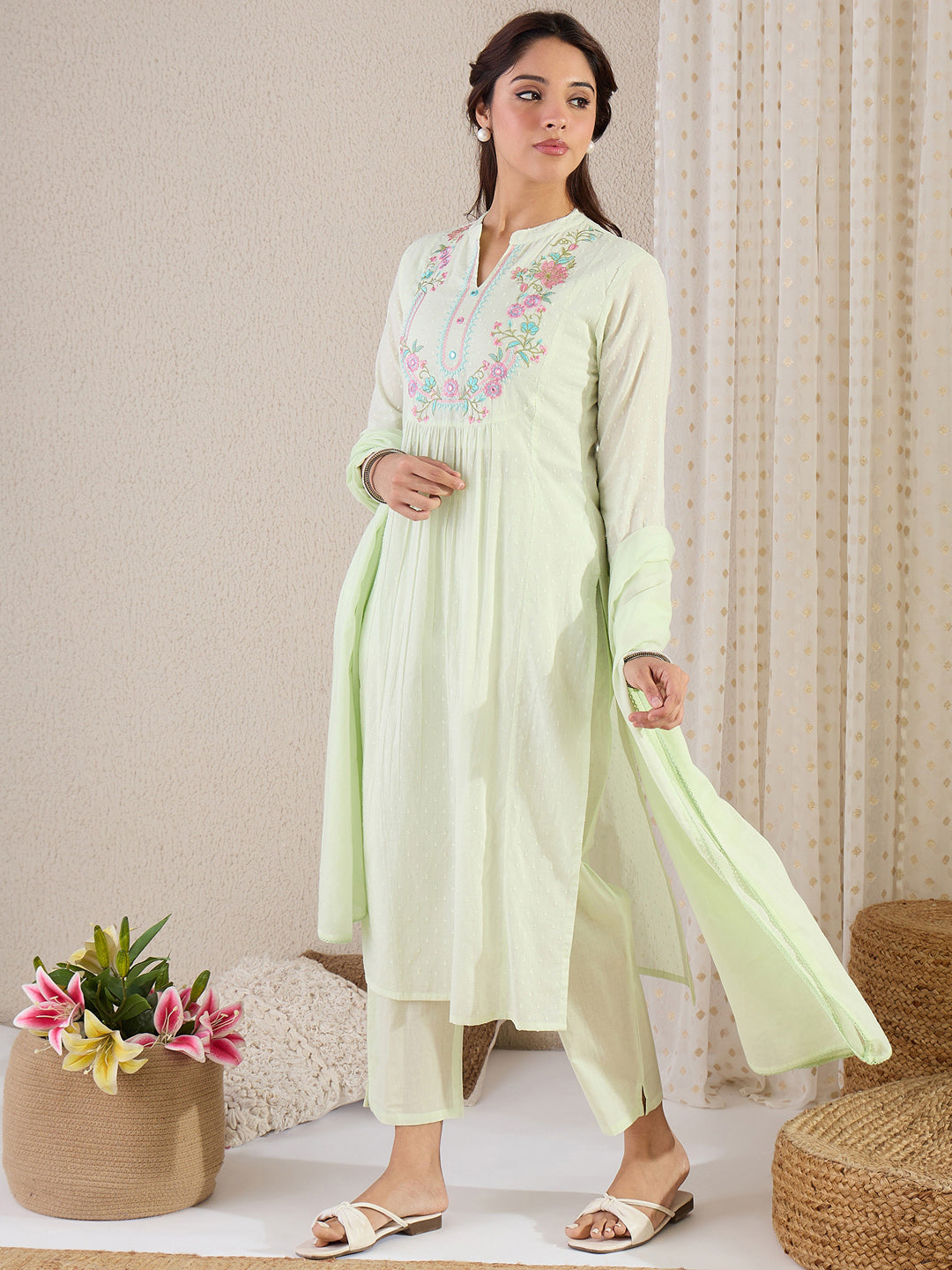 Green Embroidered A-Line Kurta Set With Dupatta