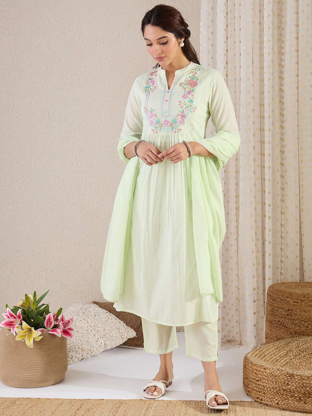 Green Embroidered A-Line Kurta Set With Dupatta