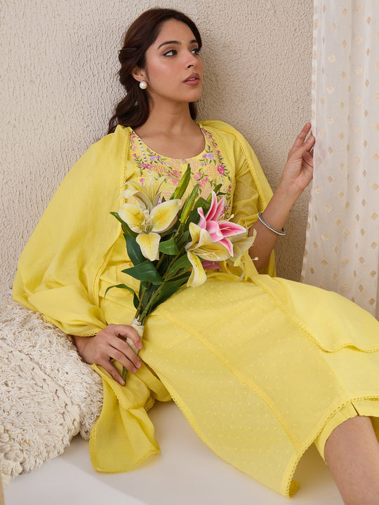 Yellow Embroidered Pure Cotton A-Line Suit Sets With Dupatta