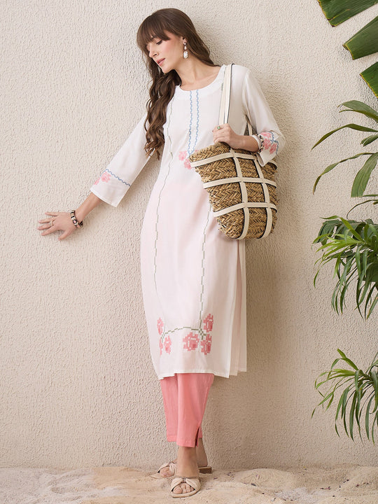 White Floral Embroidered Straight Kurta