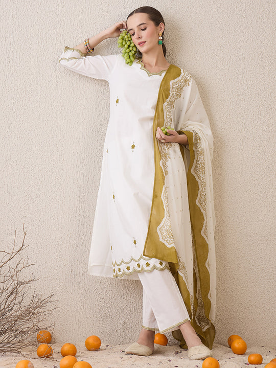 Indo Era White Embroidered Straight Kurta Trousers With Dupatta Set