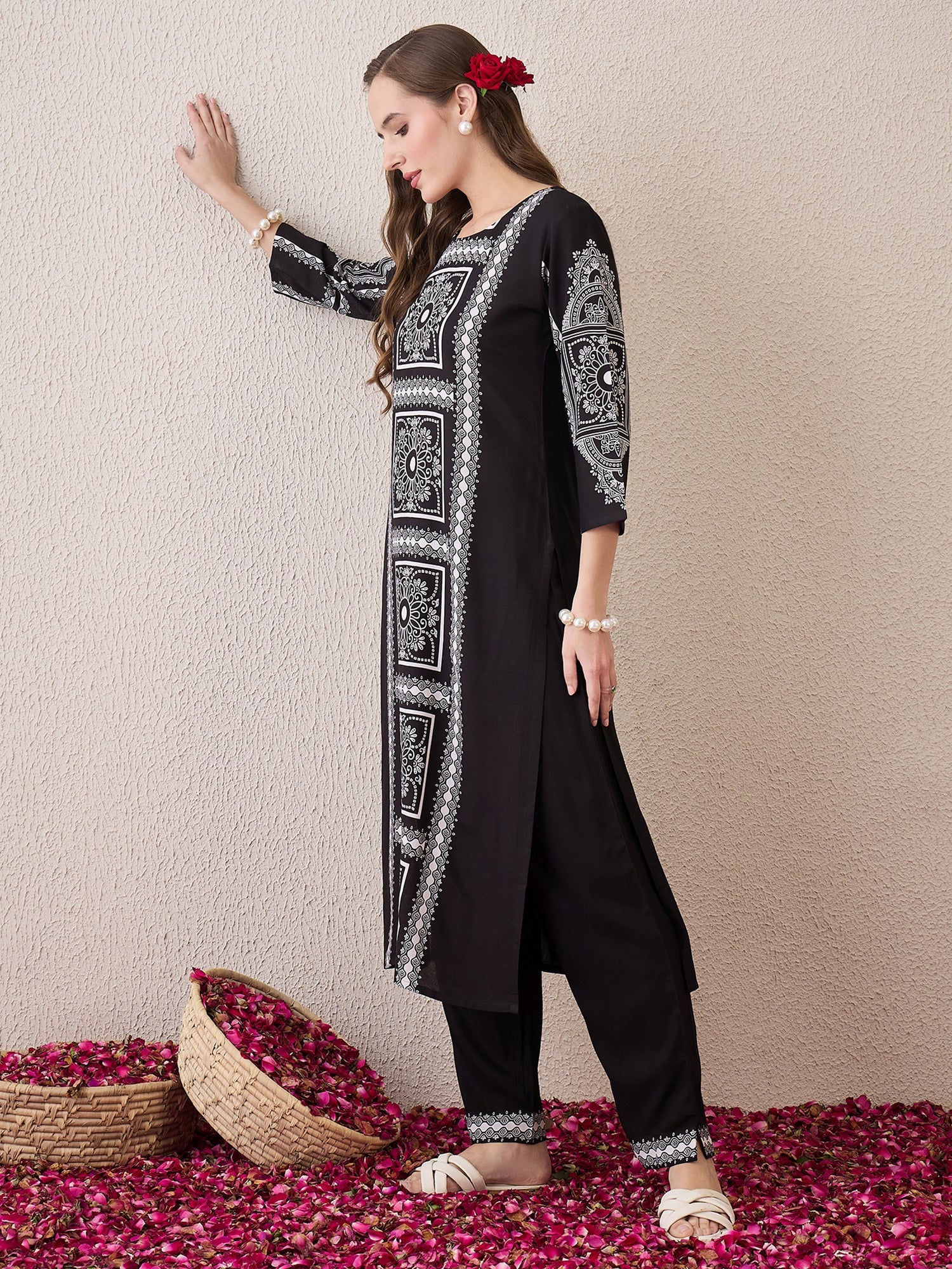 indo era, suit, kurta set for women, indo era kurta, kurta sets for ladies, summer dresses for women, 3 piece suit, cotton kurta set for women, new arrivals, women kurti plazo set, women in suit, kurta suit, floral kurta, short suit, spring summer, Black suit